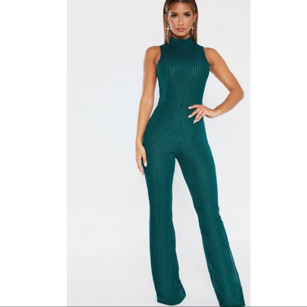 Emerald Green High Neck Striped Velvet Jumpsuit